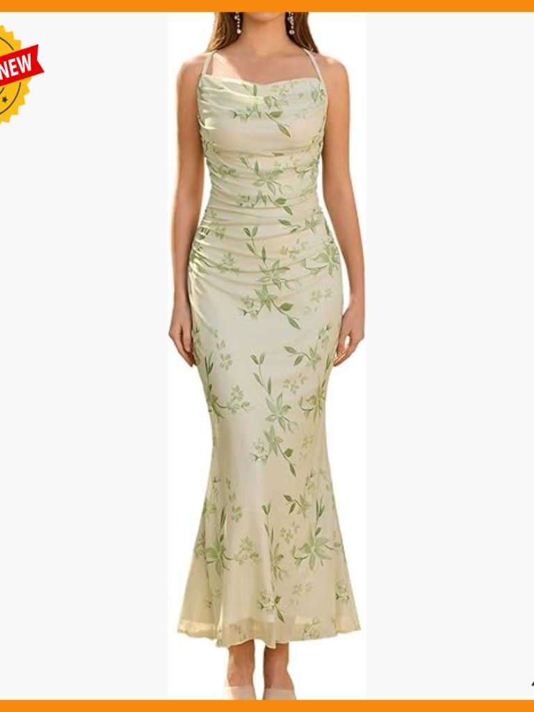 Floral Mesh Maxi Dress Ruched Bodycon Spaghetti Strap Wedding Guest